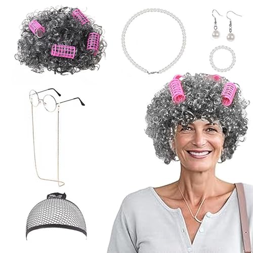 7 Piezas Conjunto de Cosplay de Anciana, Abuela Cosplay Accesorio, Peluca Gris con Gorro, Collar, Pulsera, Aretes, Gafas con Cadena, para Fiesta de Disfraz, Aplicar para Carnaval, Juegos de rol