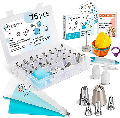 Wenburg Premium Qualität Spritztüllen Set - 75 teilig - Ideal für Anfänger & Profis - Spritzbeutel mit Tüllen - Vielseitiges Backset für Kreatives Tortendekorieren, inklusive E-Book (Large)