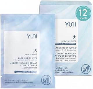 YUNI Beauty Large Body Wipes (Unscented, 12 Count) Super Soft Moist Showerless that Cleanse & Deodorize - On-the-Go Waterless Body Cleanser - Biodegradable Individually Wrapped Wipes for Travel