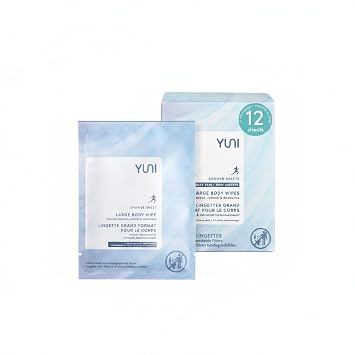 YUNI Beauty Large Body Wipes Unscented, 12 Count Super Soft Moist Showerless that Cleanse & Deodorize - On-the-Go Waterless Body Cleanser - Biodegradable Individually Wrapped Wipes for Travel