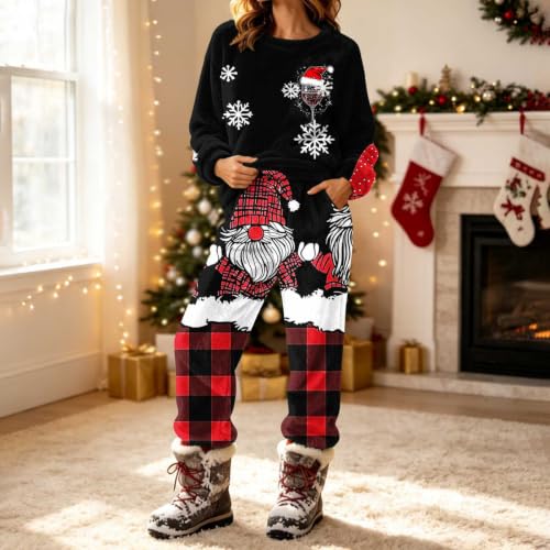 YNCSZEC Womens Christmas Pajama Sets Flannel Long Sleeve Crewneck Printed Lounge Set Warm Fleece 2 Piece Sleepwear Black christmas clothes women M - image 2