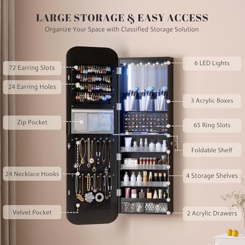 Vlsrka Oval Armario Joyero con Luz, LED Armario Espejo Joyero de pared, Espejo joyeros de puerta con Cerradura, Armario Espejo colgante Con luces, Ovalado Espejo joyeros, Regalo Mujere, Negro - imagen 5