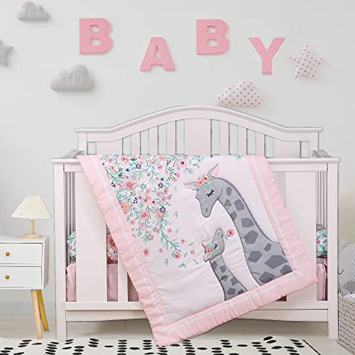 Baevellery Crib Bedding Set For Girls 3Piece Soft Floral Crib Set For Baby Girl Bedding Crib Set Cunas Para Bebes Standard Size Pink White - Fitted Sheet Crib Comforter Crib Skirt (Pink Giraffe) #TOP1