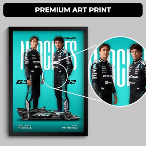 Image of George Russell Mercedes F1 Poster | Framed AMG F1 Car A4 Sized (31 x 23 cm) | Russell and Kimi Posters | Mercedes Car Frame for Wall, Gift for Boys, Formula 1 Frame | Formula 1 Frames (F 176)