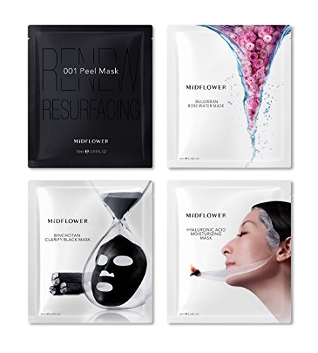 MíDFLOWER Ultimate Skincare Pack (Biocellulose Peel Mask+Bulgarian Rose Water Mask+Hyaluronic Acid Mask+Binchotan Charcoal Black Mask) | Exfoliation, Brightening, Moisturizing and Cleansing