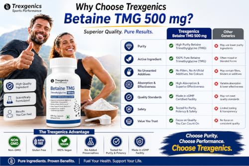 Image of Trexgenics BETAINE - TMG (Trimethyglycine) 500 MG Homocysteine Balance, Liver Care, Athletic Performance Support (60 Veg Capsules) (Pack of 2)
