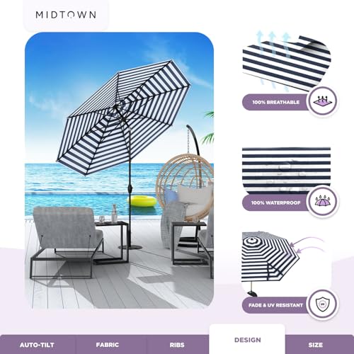 Image of Midtown Umbrellas - 10-Year-No-Fade 10 Ft Patio Umbrella with Terylast Fabric, Auto-Tilt Aluminum Frame and 8 Reinforced Ribs for Deck, Pool, Garden & Beach - Navy Stripes Canopy, Black Pole