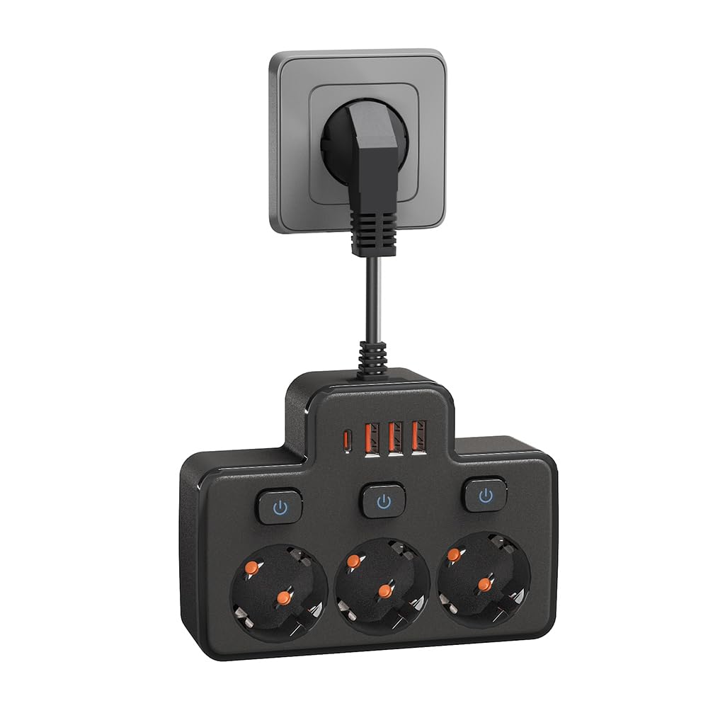 LEHOTPIA Steckdosenleiste mit USB, 3 Fach Mehrfachsteckdose Mit Einzelschalte Mehrfachsteckdose Mit 3 USB & 1 Type-C (5V 2,1A) für Küche Wohnzimmer Schlafzimmer(schwarz)