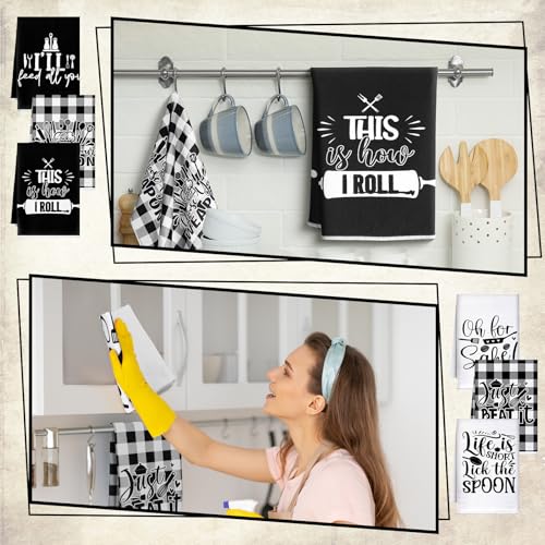 Image of Bencailor 6 Pcs Black White Plaid Kitchen Towels Decorative Sets Dish Towels Absorbent Fast Drying Hand Tea Vintage Hanging Reusable Cleaning Dishcloths for Cooking Farmhouse Bathroom Accessory