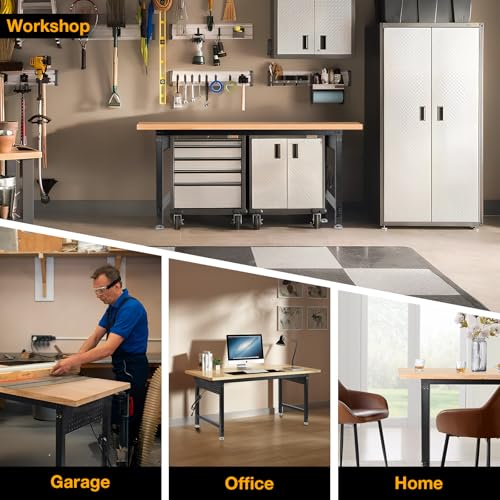 Image of 60 inch Heavy Duty Work Bench, Adjustable Workbench, 2000 LBS Load Capacity Rubber Wood Work Table with Pegboard, Power Outlets, Work Benches for Garage, Workshop, Office, Home, Commercial