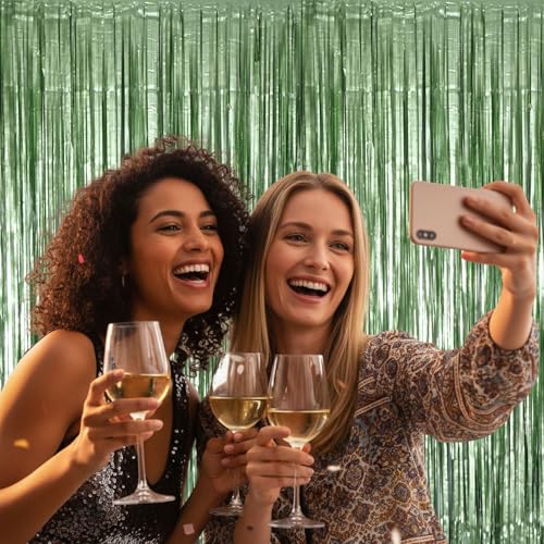 Image of Matte Sage Green Tinsel Foil Curtains Backdrop Party Decorations