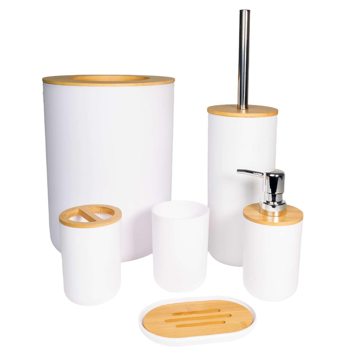 Intirilife Set de Accesorios de baño de bambú y plástico en Blanco - Set de 6 Piezas Vaso para cepillos de Dientes jabonera dispensador de jabón escobillero con Soporte y Papelera