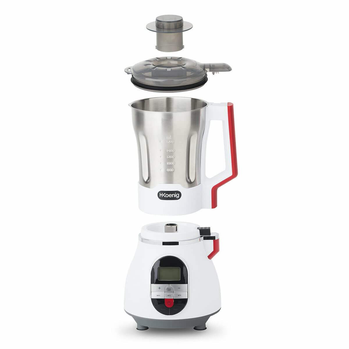 H.Koenig MXC36 Sopera Eléctrica y Licuadora, Máquina para hacer Sopas, Batidos, o Salsas, 1.7 Litros, 900 W, 7 Velocidades, 3 Temperaturas, Acero Inoxidable, Blanco.