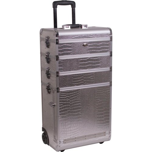 29 inch 4 in 1 Silver Crocodile Aluminum Professional Rolling Cosmetic Organizer Makeup Artist Wheeled Train Case Trolley