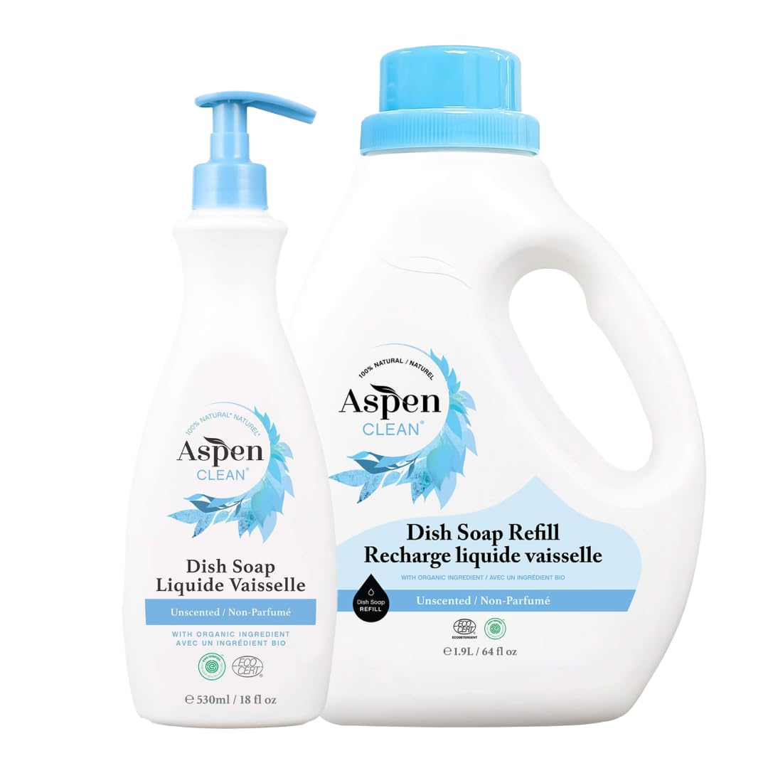 AspenClean Natural Dish Soap and Refill Unscented - 100 Natural Organic Baby-Safe Pet-Friendly Vegan Cruelty-Free Biodegradable - EWG