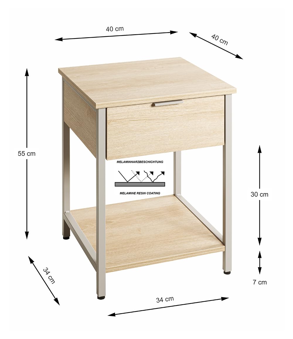 HAKU Table d'appoint avec tiroir, chêne Naturel, Gris Cachemire, métal, aggloméré, Table Basse Moderne avec tiroir - Dimensions : L 40 x H 55 x P 40 cm Style : Moderne