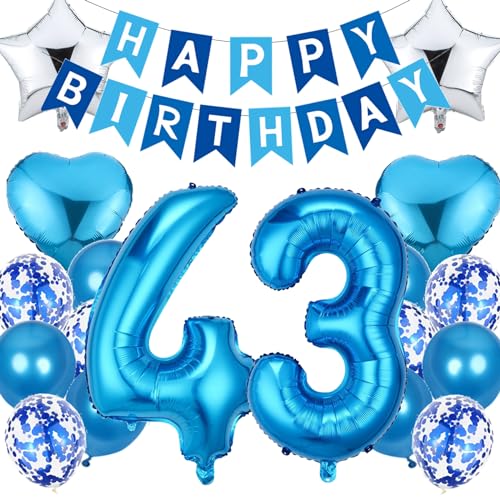 Feelairy Ballon Anniversaire 43 ans Homme, Décoration Anniversaire 43 ans Homme Bleu Happy Birthday Décoration Ballon Anniversaire Kit de Fournitures de Fête pour 43 ans Anniversaire Homme