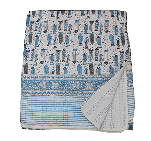 Couvre-lit Kantha en coton fait à la main avec imprimé poisson indien
