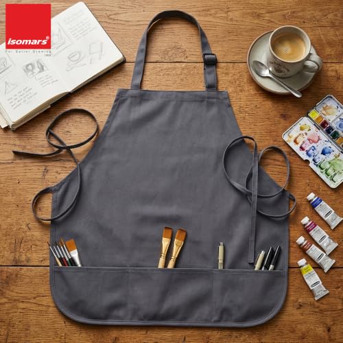 Image of Isomars Painter's Apron - Grey Canvas Art Apron for Artists, Painters, Students & Crafters - Size: Regular - 23.5 inch x 24.5 inch