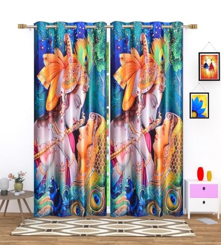 Image of KALIYO Radha Krishna Printed Curtains for Home & Mandir | 3D Digital Print Spiritual Curtains | Light Filtering Polyester Door & Window Curtains | Pooja Room Decor | 5FT(1 Piece)