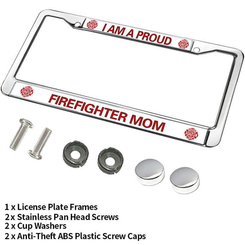 Image of Proud Firefighter Mom Weather-Proof License Plate Frame Firefighter Gift License Plate Frame Military for Firefighters