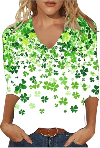 Image of Woffccrd Womens 3 /4 Sleeve V Neck T-Shirts Valentina's Day Spring Shirts Love Heart Printed Graphic Tees