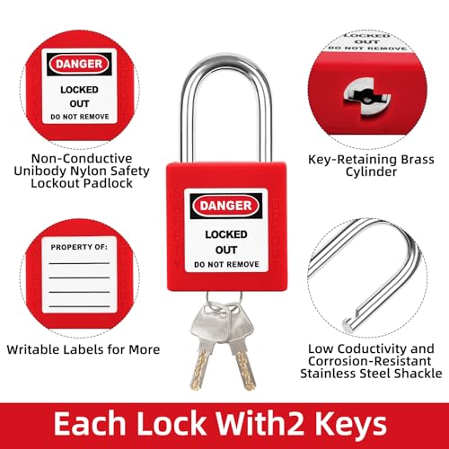 Image of Red Loto Locks Set-10pcs, Lockout Locks, Safety Padlocks, 2 Keys Per Lock, OSHA Compliant