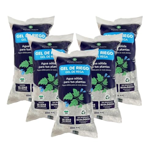PLANETA HUERTO | Pack 5 x Gel de Riego 400 ml Hidrogel Autorriego Plantas Hasta 30 Días - Gel de Riego Automático para Macetas, Jardines, Huertos Urbanos y Plantas de Interior