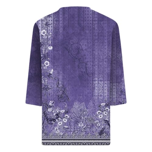 Blusa feminina de verão, estampa floral, manga 3/4, gola V, casual, solta, básica, vintage, estampad