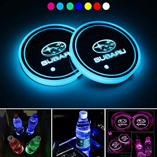 Fit for Suba-ru LED Car Cup Holder Lights, 2 Pcs 68 mm Car Logo Cup Coaster, 7 Colors Change USB Charging Mat Cool Car Accessories Interior Atmosphere Lights