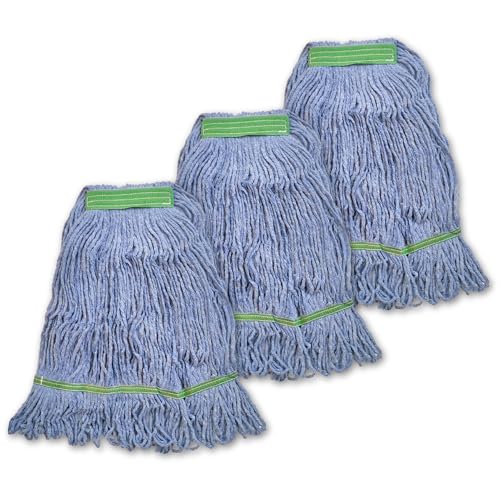 Super Clean Planet Heavy Duty Mop Head Refill (3-Pack) Industrial Blue Cotton Looped-End Wet Mop Heads for General Commercial Janitorial & Floor Cleaning