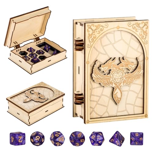 Caja de Madera para Guardar Dados, 7 Dados poliédricos, Estuche para Guardar de dragón, Accesorios para Noches de Juego de D&D, Contenedor para Juegos de Mesa, Regalos para Jugadores de fantasía