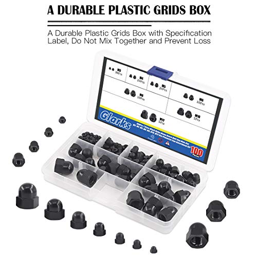 Glarks 100Pcs 7 Sizes Black Nylon Dome Acorn Bolt Cup Nuts Set, M3, M4, M5, M6, M8, M10, M12 Hex Protector Cap Assortment Kit For Protecting Hexagon Shaped Threads Rods Studs And Bolts #TOP4
