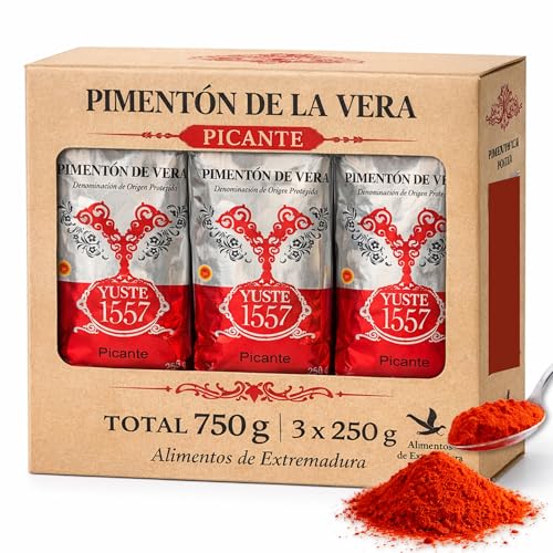 Pimentón de la Vera Ahumado Picante, Denominación Origen Protegida, Pimentón Yuste 1557, Producido en Extremadura, Ideal para guisos, carnes, salsas y platos tradicionales, 3 bolsas de 250 gr