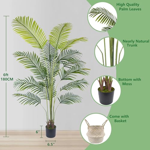 Artificial Palm Tree, 6ft Fake Areca Palm Plant with Basket, Tropical Faux Dypsis Lutescens Plants for Indoor Outdoor Home Office Shop Garden Décor - Image 4