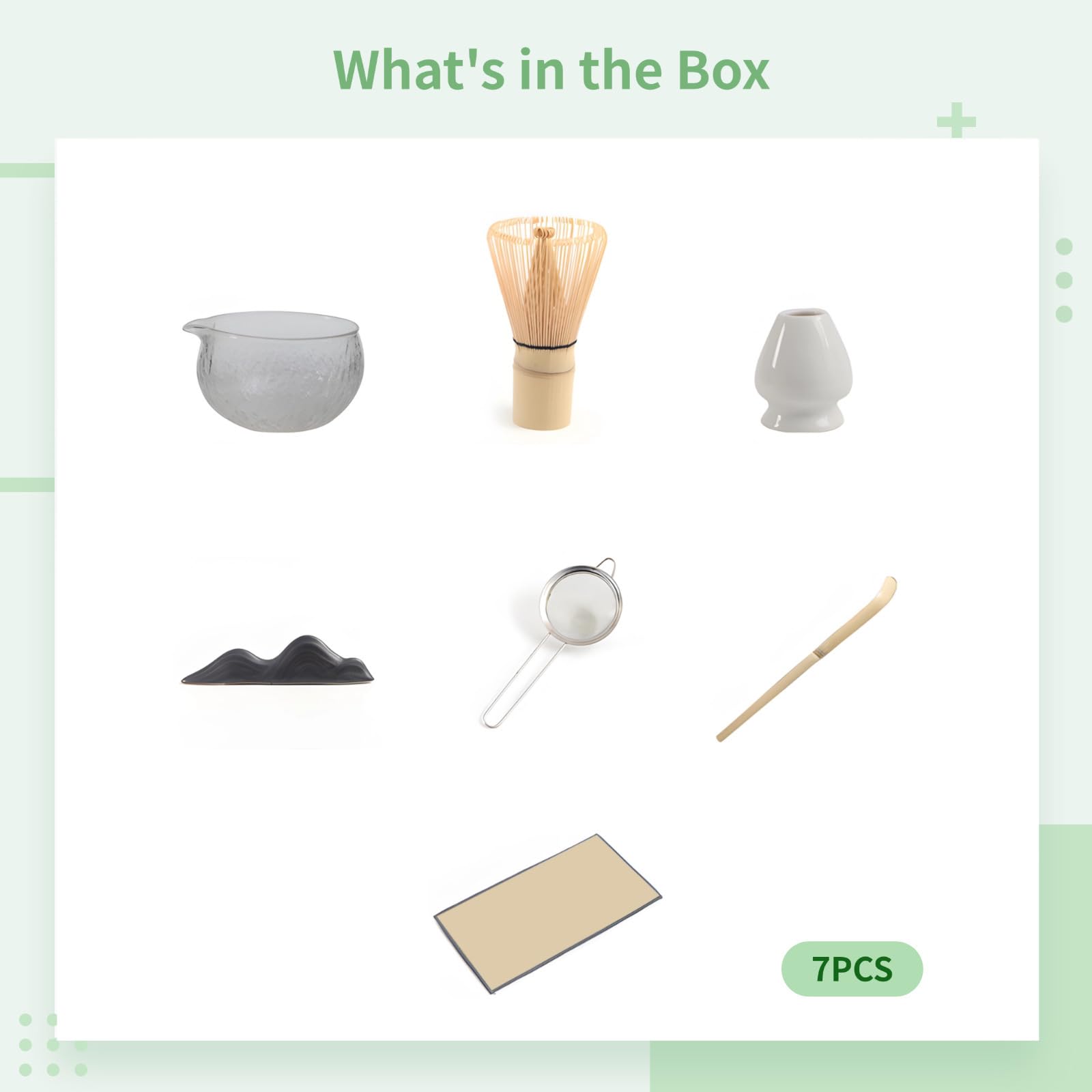 PONDON Juego de batidores de matcha de 7 piezas, kit de té tradicional con cuenco de matcha, batidor, cuchara, tamiz y paño, café con leche o juego ceremonial completo de uso diario, regalo