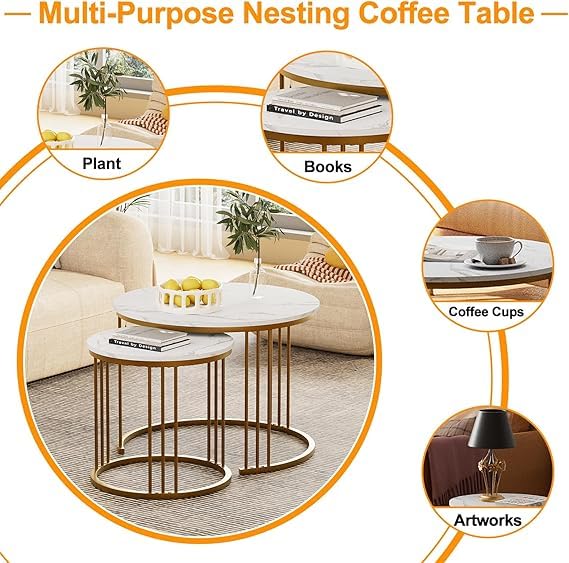 Image of Modern Nesting Table Set of 2 - Round Coffee Table with Engineered Wood Top & Metal Frame, Side Tables for Living Room, Bedroom & Lounge (Gold & White)