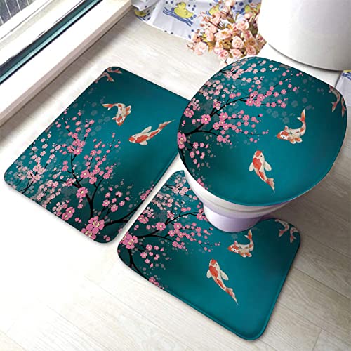 Badezimmerteppich-Set, 3-teilig, Florale Kirschblüten-Blumen, Koi-Fische, waschbare Badteppiche, rutschfest, mit Rückenpolster, Konturteppich und Toilettendeckelbezug