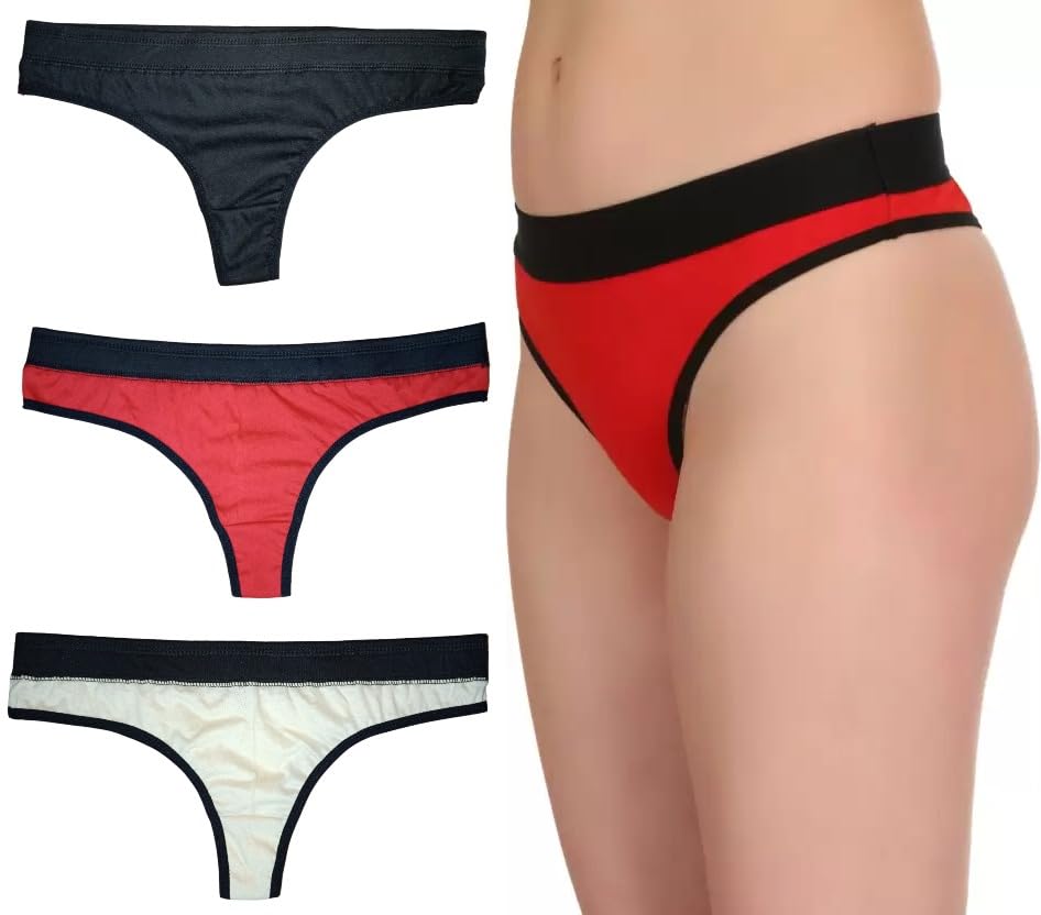 Women's Thong Underwear Set, 3 Pack, Cotton Blend, Black Trim, Purple White Red-image-38