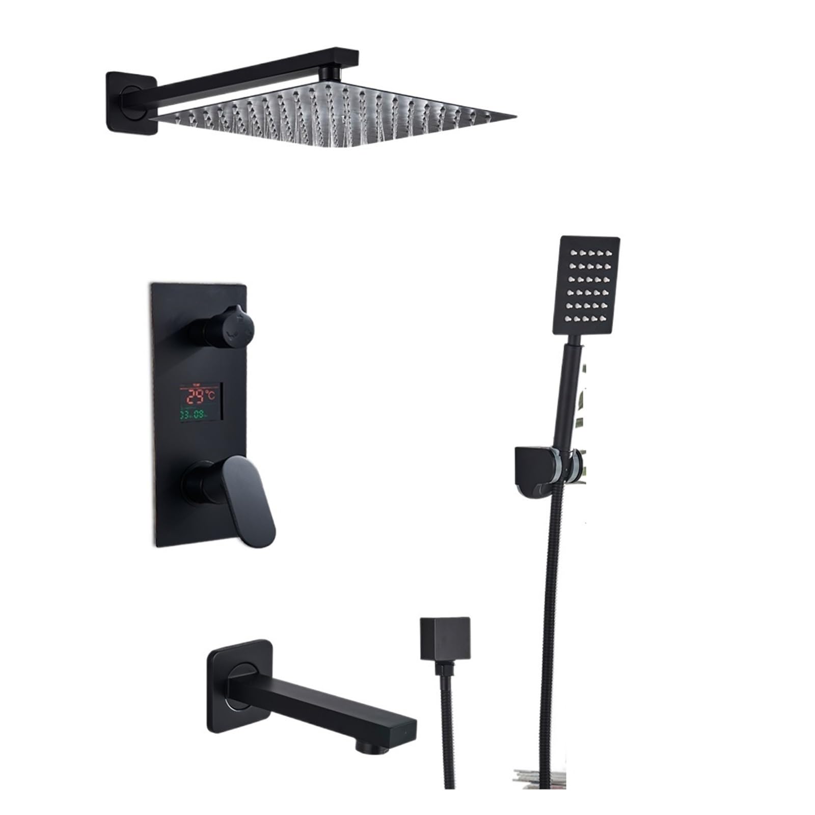 Matowy czarny deszczownica zestaw baterii z cyfrowym wyświetlaczem 25 cm wodospad wanna bateria mieszająca 3-drożny system prysznicowy do luksusowych nowoczesnych łazienek łatwa instalacja