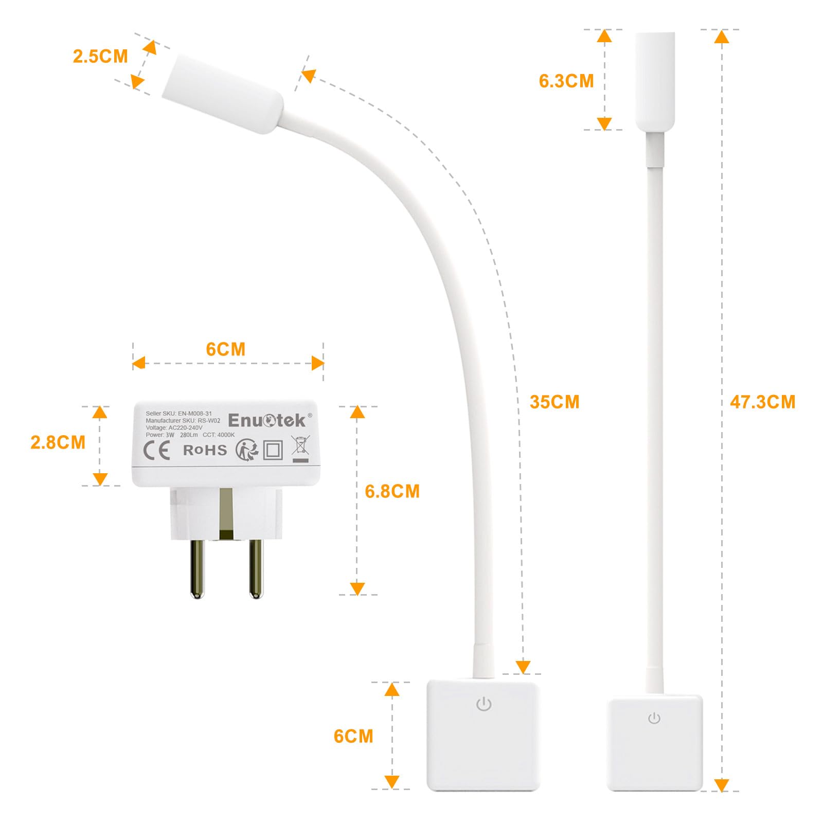 ENUOTEK LED Spot Lampki do czytania gniazdka Z możliwością ściemniania Biała, 3W 280Lm Reflektor LED Lampy ścienne do czytania do sypialni z wtyczką i przełącznikiem dotykowym, neutralna biel 4000K | Możliwość przyciemniania, z wtyczką, przełącznik dotyko