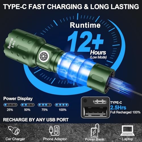 Image of Banral Flashlights High Lumens Rechargeable, Super Bright Long Range Small Powerful Flashlight, 6 Modes LED Tactical Pocket Waterproof Flash Light for Home Emergency (1, Green)