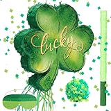 Shappy St. Patrick's Day Piñata Shamrock Lucky Piñata with Blindfold Bat Confetti 13.4 x 12.6 Inch Shamrock Pull String Piñata for St. Patrick's Day Decoration Photo Prop Candy Holder and Party