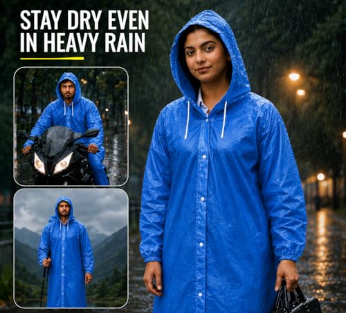 Image of SR EVA Reusable Raincoat with Hood (Blue) - Pack of 1 | Elasticated Full Sleeves Outdoor Waterproof Raincoat for Men & Women | Rainwear | Button Closure | Knee Length | Universal Fit (Blue)