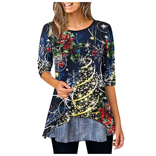 Womens Shirts,Christmas Women's Tops Fashion Cute Snowman Elk Print Casual Loose Long Sleeve Round Neck Shirts Pullover Sweater Sweatshirts Womens Tops Dressy Casual Blue Sweatshirt Women