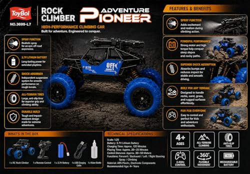 Image of Negi Rock Climber RC Car 1:20 Scale Off-Road Stunt Vehicle with Spray Function, LED Lights, 2x2 Drive, Rechargeable Battery for Kids