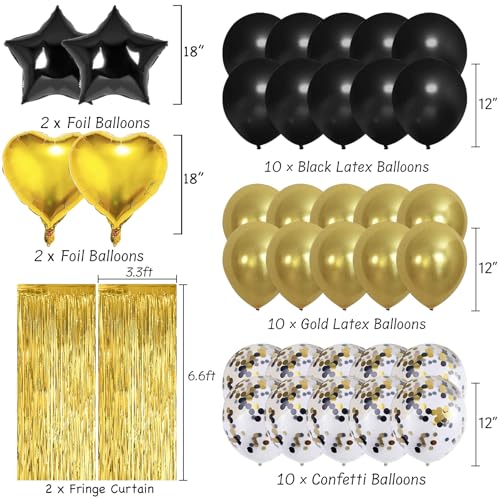 Image of Black Gold Birthday Party Decorations Supplies Happy Birthday Banner Honeycomb Balls Fringe Curtain Foil Balloons Hanging Swirls Cake Topper Tablecloth Party Supplies for Boys Men