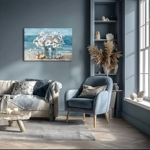 Blue Coastal Beach Bathroom Wall Art Seaside Seashell Starfish Painting Print Mason Jar White Daisies Canvas Picture Wall Decor Seascape Theme Flower Print Artwork for Living Room Bedroom 16x24" - Image 6