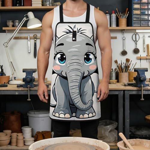 Delantal de trabajo con elefante de caricatura y bolsillos miniatura 4