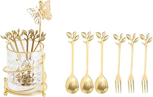 6 cucharas de café y tenedores con soporte de vidrio, pequeñas cucharas de té doradas de acero inoxidable, juego de mini tenedores de postre para